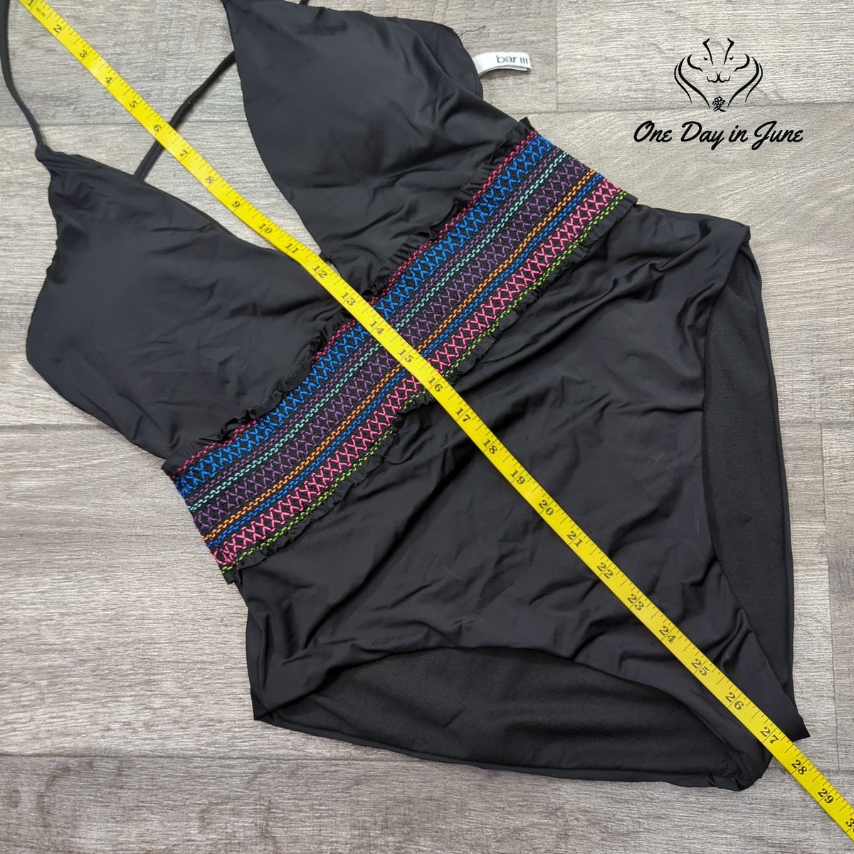 Bar III Smocking Solids Plunge One Piece Swimsuit Black Rainbow NWT Size L