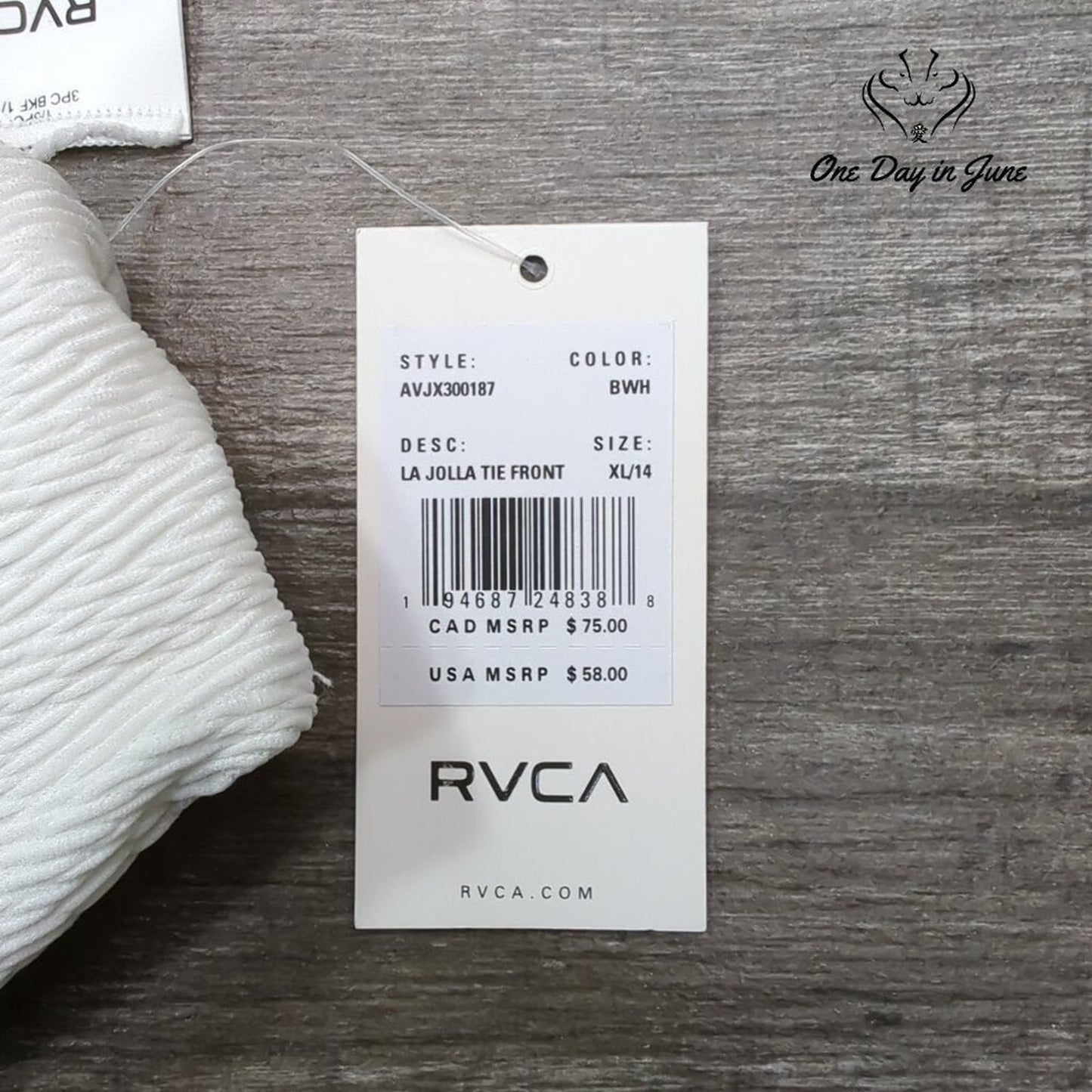 RVCA La Jolla Tie Front Bikini Top White Textured NWT Size XL