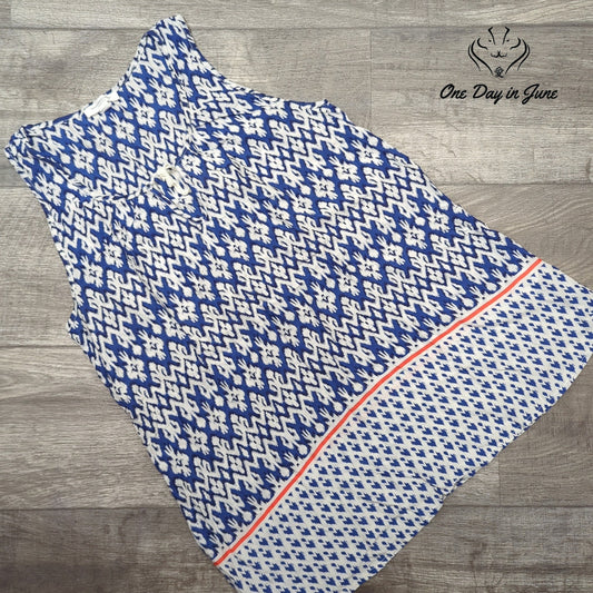 BrachLunchLounge Sleeveless Tank Top Blue White Ikat Print Boho Size S