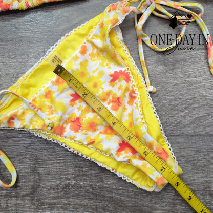 Aleumdr Floral Triangle Bikini Set Yellow Orange Halter Tie Side Swimsuit Size S
