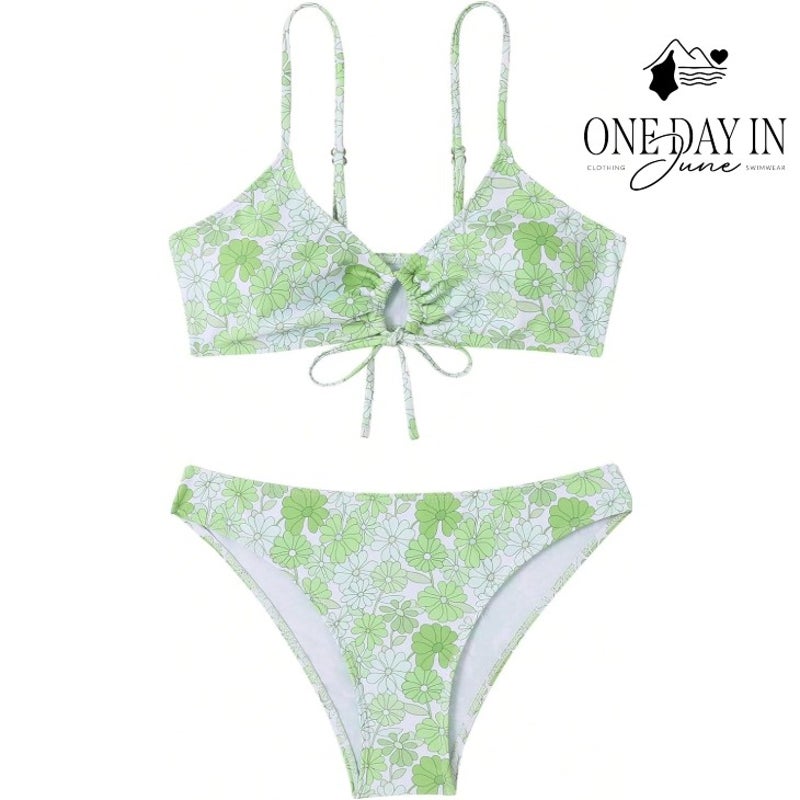 Aleumdr Floral Print Bikini Set Green White Ruched Tie Front 2 Piece Size S