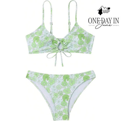 Aleumdr Floral Print Bikini Set Green White Ruched Tie Front 2 Piece Size S