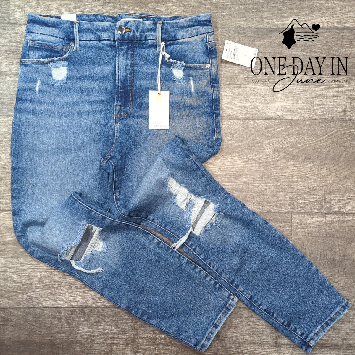 Good American Good Legs Crop Skinny Jeans Distressed Indigo NWT Size 12 (31)