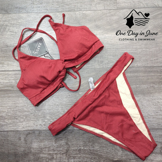 Zaful High Cut Ribbed Strappy Back Bikini Swimsuit Size 6