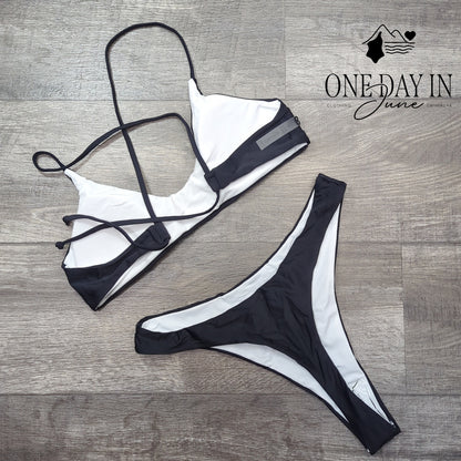 Aleumdr Black Thong Bikini Swimsuit Strappy Bralette Two Piece Size L