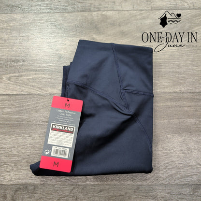 Kirkland Signature Reflective Crop Leggings Navy Blue 4 Way Stretch NWT Size M