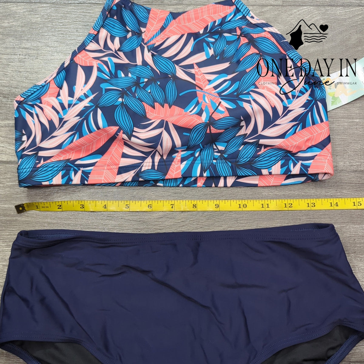Charmo High Neck Tropical Leaf Bikini Swimsuit Navy NWT UPF 50+ Size M