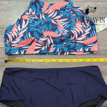 Charmo High Neck Tropical Leaf Bikini Swimsuit Navy NWT UPF 50+ Size M