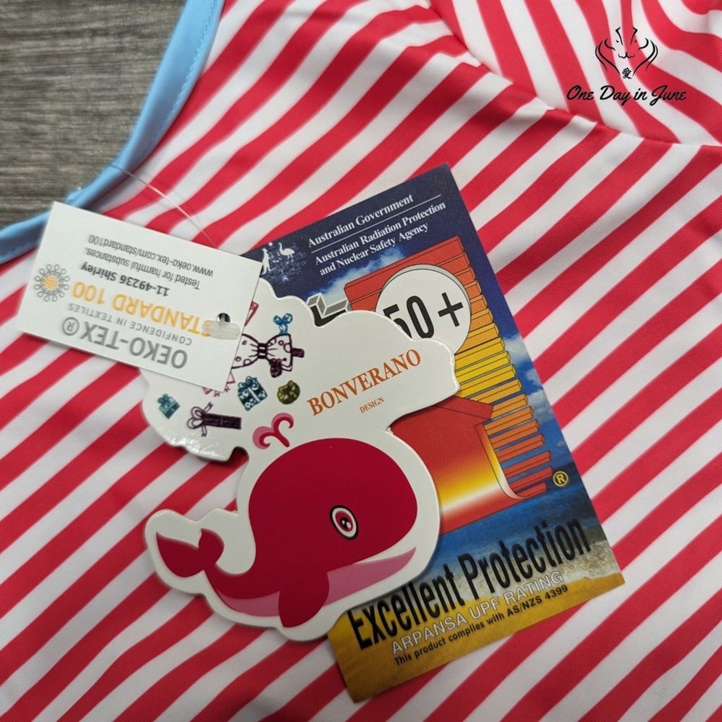 Bonverano Striped One Piece Swimsuit with Hat Size 6-9 Mths