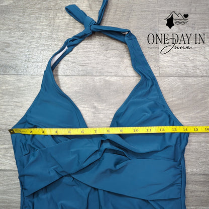 Aleumdr Cross Front Halter One Piece Swimsuit Teal Blue Ruched Size M
