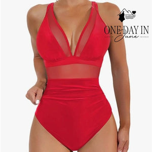 Zando Mesh Cut Out One Piece Swimsuit Red Ruched Tummy Control Size XL