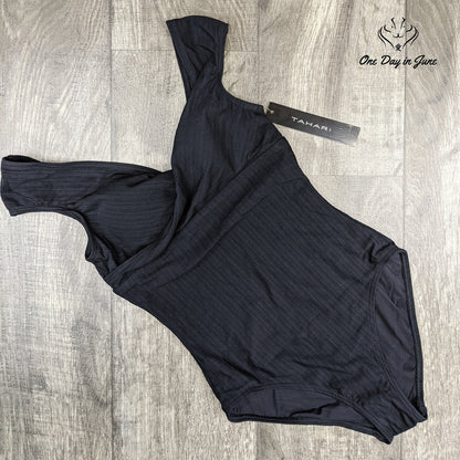 Tahari Wrap Front Ribbed One Piece Swimsuit Black V Neck NWT Size S