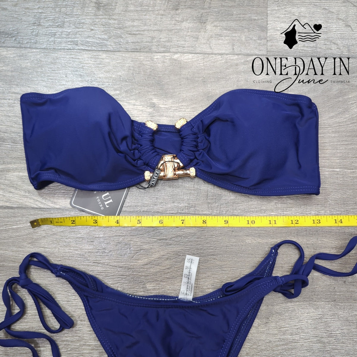 Zaful Bandeau Tie Side Bikini Swimsuit Navy Blue Gold Hardware NWT Size M