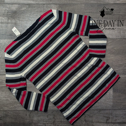 Talbots Striped Knit Sweater Navy Pink Ivory Gold Shoulder Buttons Size XS
