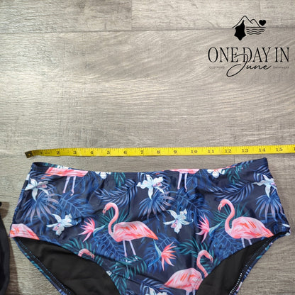 Yonique Blouson Tankini Swimsuit Black Flamingo Print NWT Size L