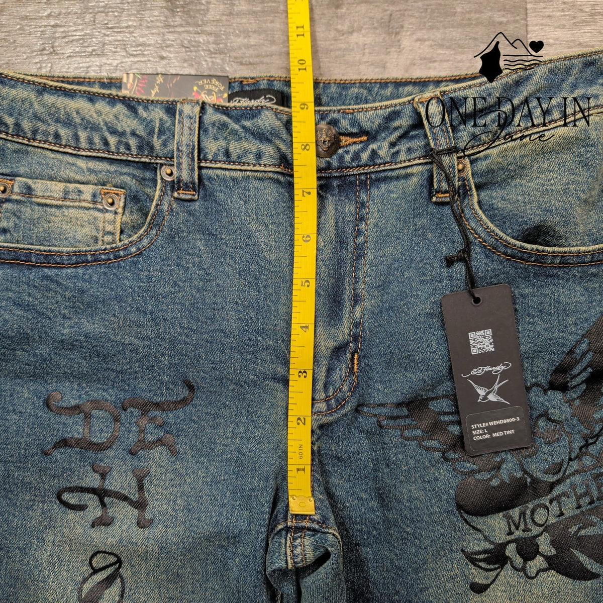 Ed Hardy Low Rise Bootcut Jeans Tattoo Mother Graphic Medium Tint NWT Size L