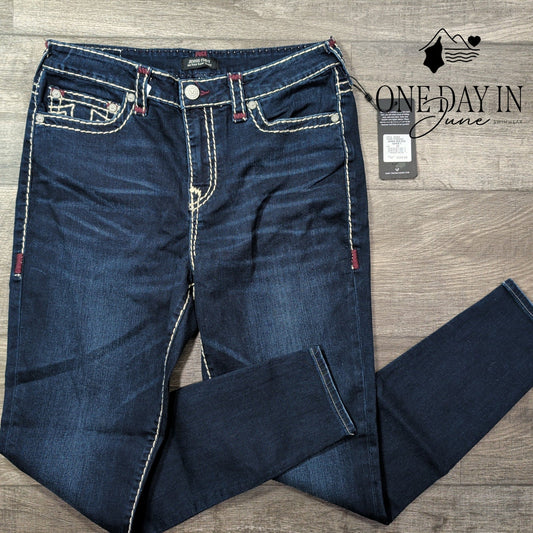 True Religion Jennie Curvy Mid Rise Super Skinny Jeans Dark Blue NWT Size 14