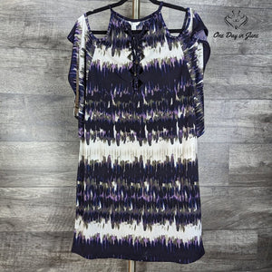 Cato Cato Cold Shoulder Lace Up Mini Dress Purple Navy Print NWT Size M
