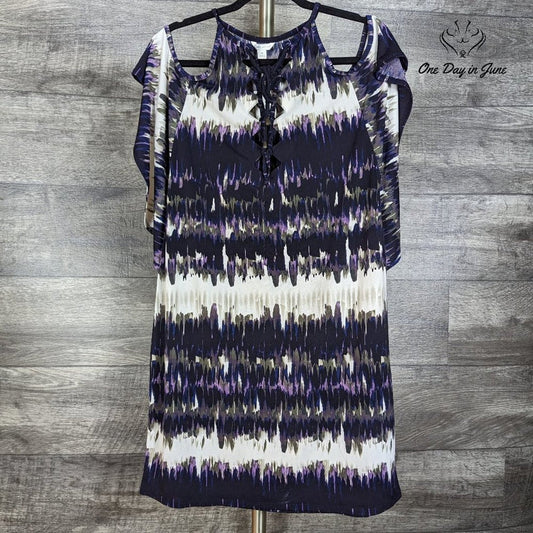 Cato Cato Cold Shoulder Lace Up Mini Dress Purple Navy Print NWT Size M