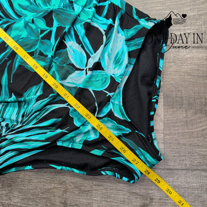 Jantzen High Neck Tropical One Piece Swimsuit Black Teal NWT $95 Size 6