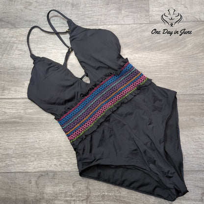Bar III Smocking Solids Plunging V One Piece Swimsuit Black NWT Size XS