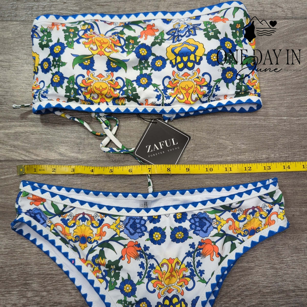 Zaful Floral Paisley Bandeau Bikini Swimsuit Blue White NWT Size S