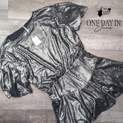 Free People Manuka Sequin Mini Dress Gunmetal Silver NWT $168 Size M