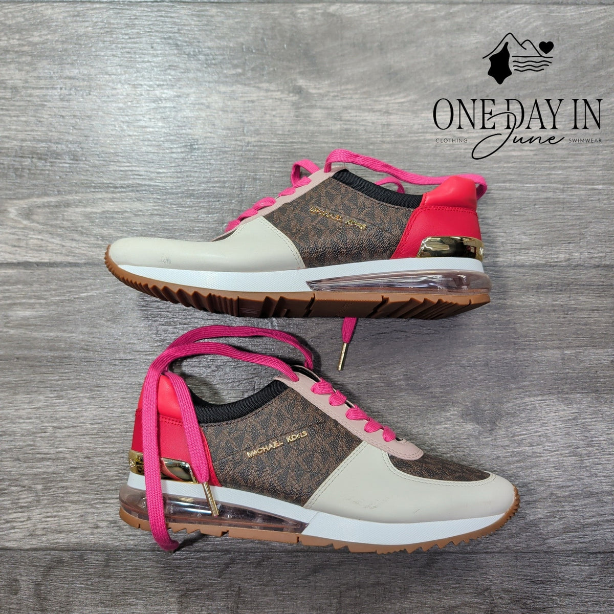 Michael Kors MK Logo Colorblock Sneakers Brown Pink Size 6.5