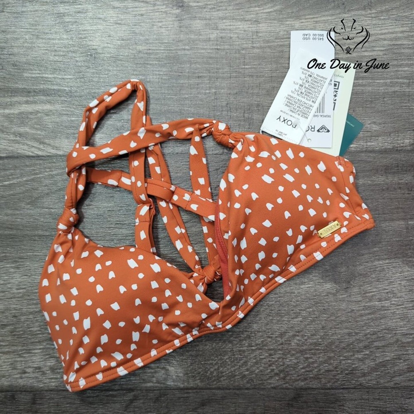 Roxy Tropical Oasis Knotted Triangle Bikini Top Ginger Spice New Dot NWT Size XS