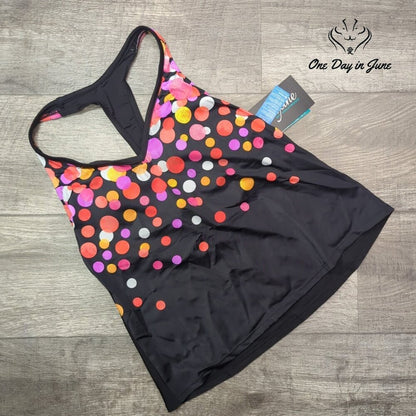 Maxine of Hollywood V Neck Racerback Tankini Top Black Polka Dot NWT Size 8