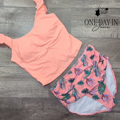 Eomenie Plus Size Ruffle Shoulder Tankini Swimsuit Tropical NWT Size 2XL