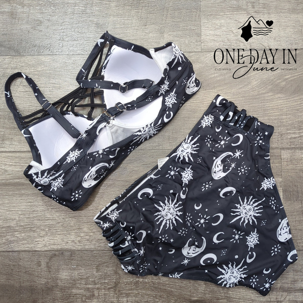 Aleumdr Celestial Print Cage Front High Waist Bikini Black White Size XL