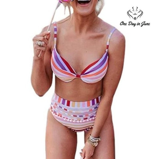Dokotoo Striped High Waist Bikini Size M