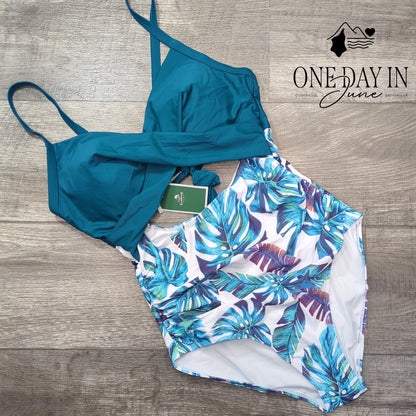 Eomenie Cross Front Cut Out Tie Back One Piece Swimsuit Tropical NWT Size L