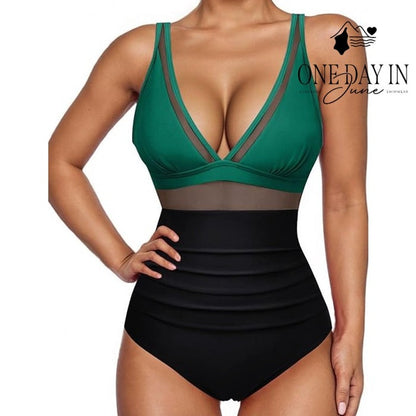 Suuksess Mesh Cut Out Tummy Control One Piece Swimsuit Green Black Size XXL