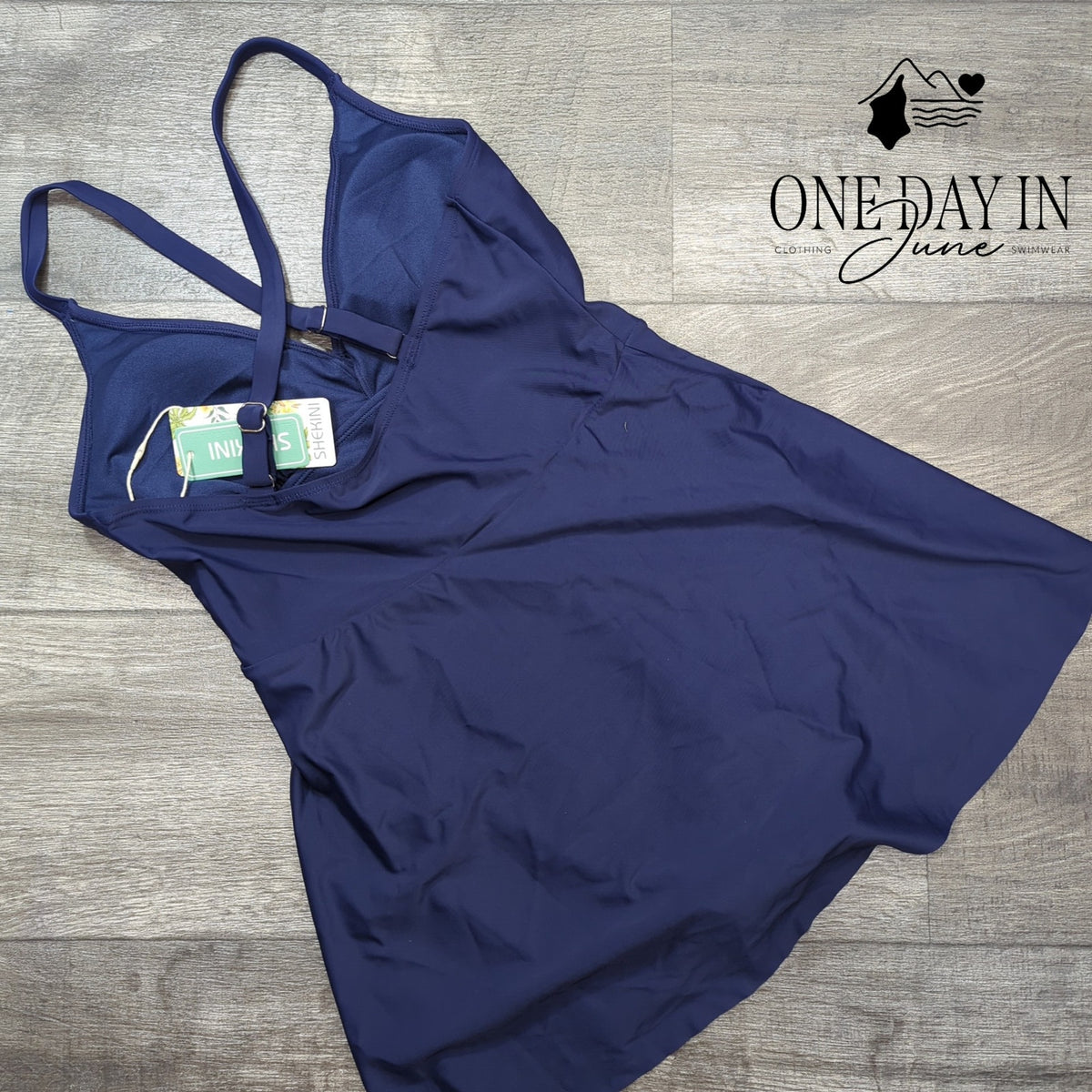 Shekini Cross Front Ruched Swimdress One Piece Swimsuit Navy NWT Size M