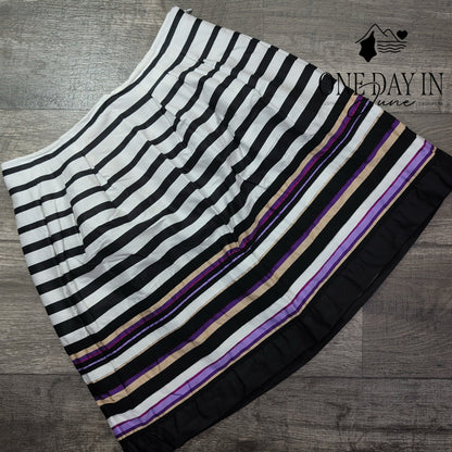 White House Black Market Striped Pleated A-Line Skirt Black White Purple Size 8