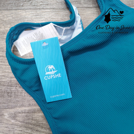 Cupshe Bikini Teal Ribbed High Neck Racerback Two Piece Swimsuit NWT Size S