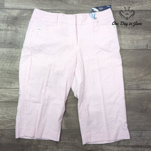 Bill Blass Jeans Cropped Capri Pants Pink White Seersucker Stripe NWT Size 8