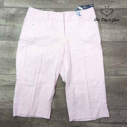 Bill Blass Jeans Cropped Capri Pants Pink White Seersucker Stripe NWT Size 8