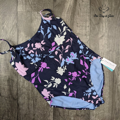 Seafolly Scoop Front Floral One Piece Swimsuit Navy Pink NWT Size 10