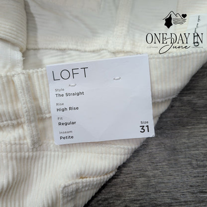 Loft The Straight High Rise Corduroy Pants Ivory NWT Size 12P (31P)