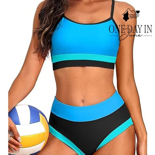 Charmo Colorblock Crop Top Bikini Swimsuit Blue Black High Waist NWT Size L