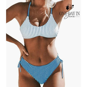 Cupshe Blue White Striped Braided Back Reversible Bikini Swimsuit NWT Size S