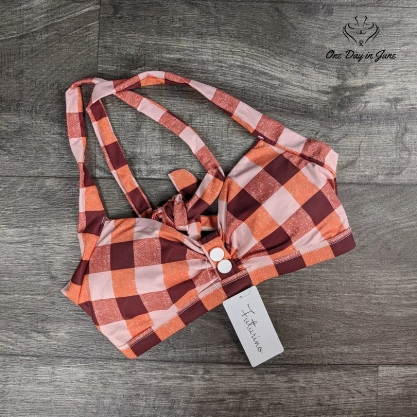 Futurino Vintage 50s Plaid Pattern Halter Bikini Top Size XS