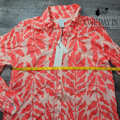 Rachel Zoe 100% Linen Tropical Floral Button Down Shirt Coral NWT Size L