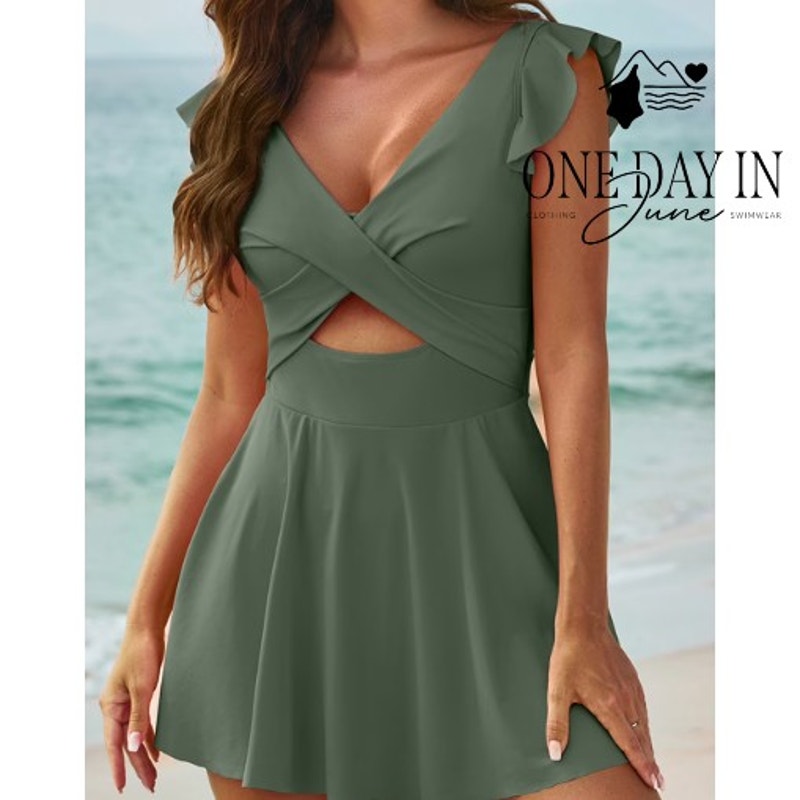 Aleumdr Ruffle Shoulder Cutout Skirted One Piece Swimsuit Size M