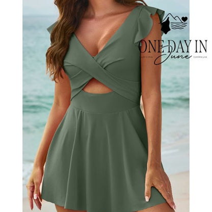 Aleumdr Ruffle Shoulder Cutout Skirted One Piece Swimsuit Size M
