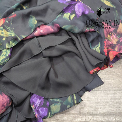 Lauren by Ralph Lauren Floral Silk Layered Midi Skirt Black NWT Size 16
