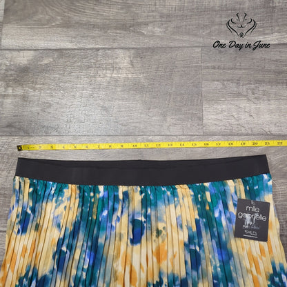 mlle gabrielle Plus Size Pleated Midi Skirt Blue Yellow Abstract NWT Size 3X